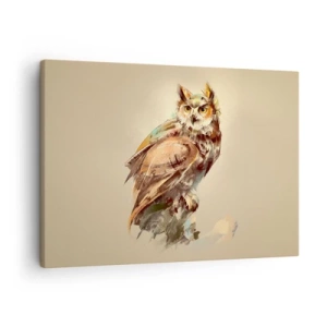 Obraz na plátně - Umělecký portrét sovy na světlém pozadí v teplých odstínech. - 70x50cm - Nejchytřejší sova - potvrdí doubrava - Moderní nástěnná dekorace do obývacího pokoje a ložnice ARTTOR