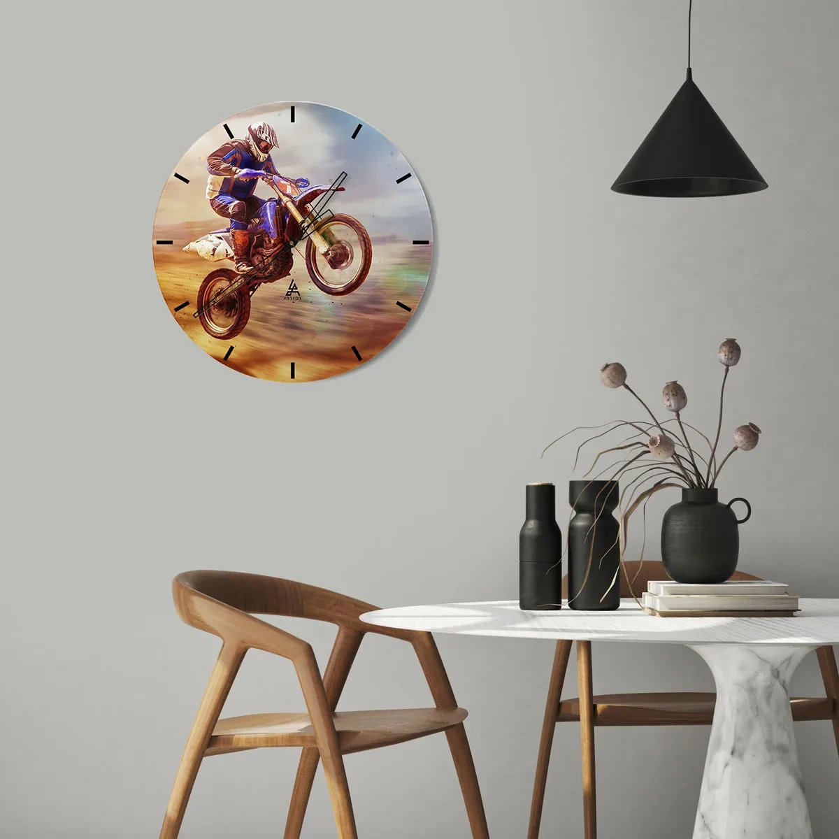 Nástěnné hodiny - Jezdec na motokrosové motorce v dynamickém záběru - 30x30cm - Motocyklová závrať - Moderní nástěnná dekorace do obývacího pokoje, kuchyně a ložnice ARTTOR