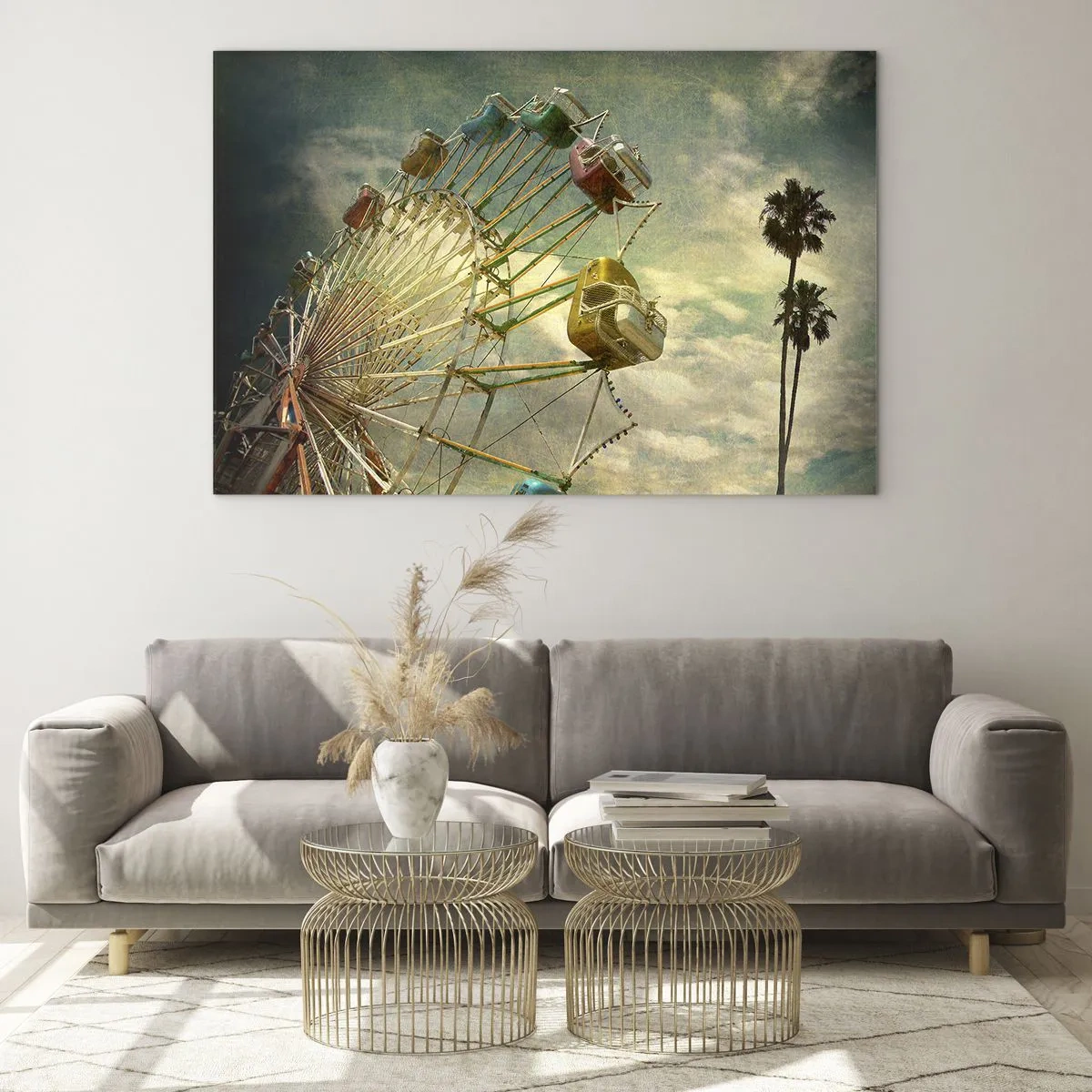 Obraz na skle - Ruské kolo proti obloze a palmám v retro stylu - 70x50cm - Bude, bude zábava… - Moderní nástěnná dekorace do obývacího pokoje a ložnice ARTTOR