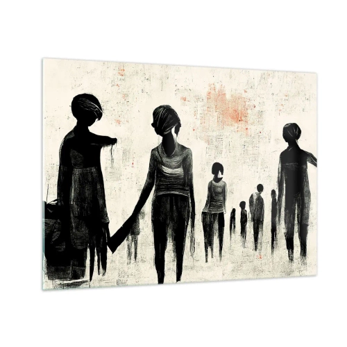 Obraz na skle - Černé postavy v pohybu na světlém pozadí s červenou texturou - 70x50cm - Proti samotě - Moderní nástěnná dekorace do obývacího pokoje a ložnice ARTTOR