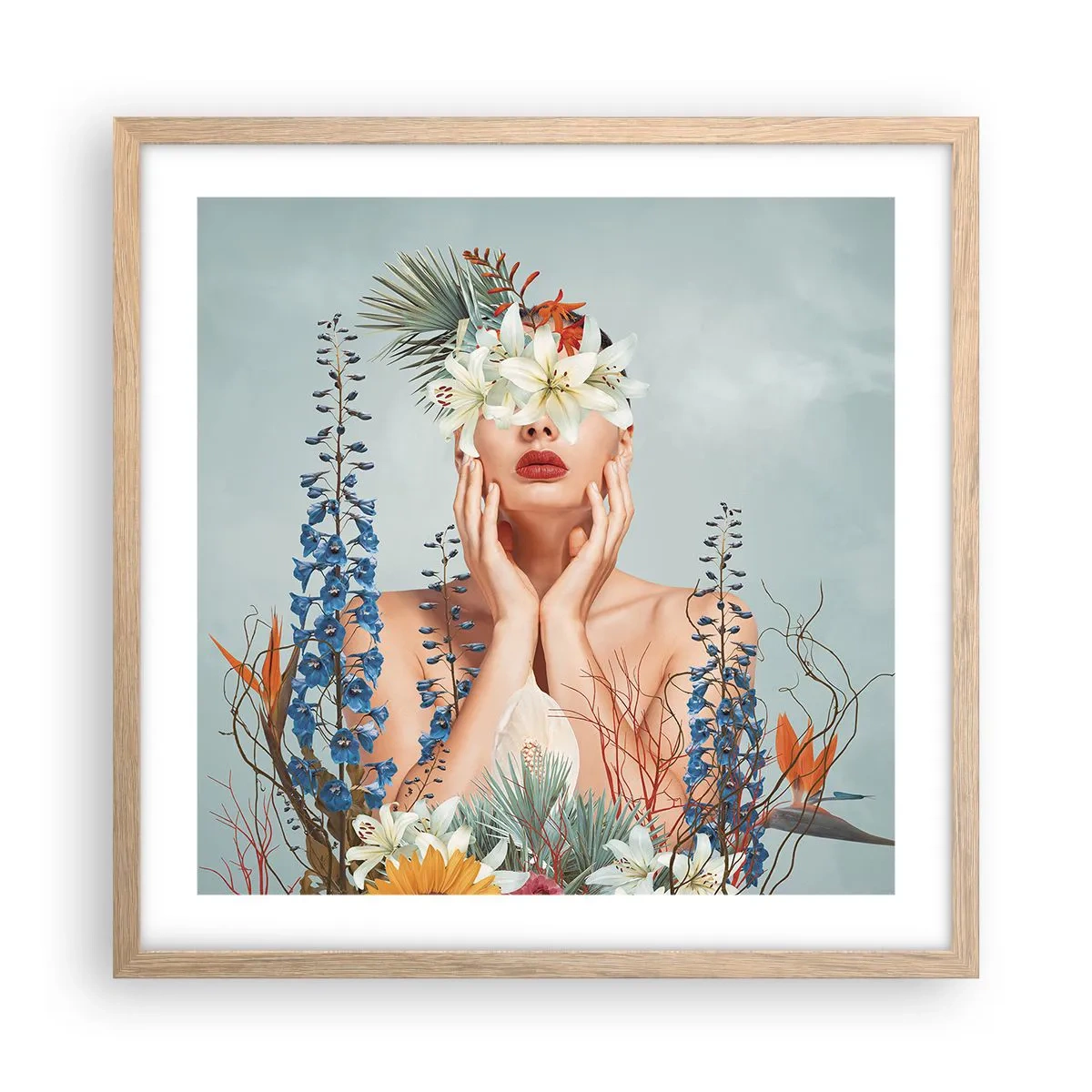 Plakát v rámu světlý dub - Žena – květina - 50x50 cm