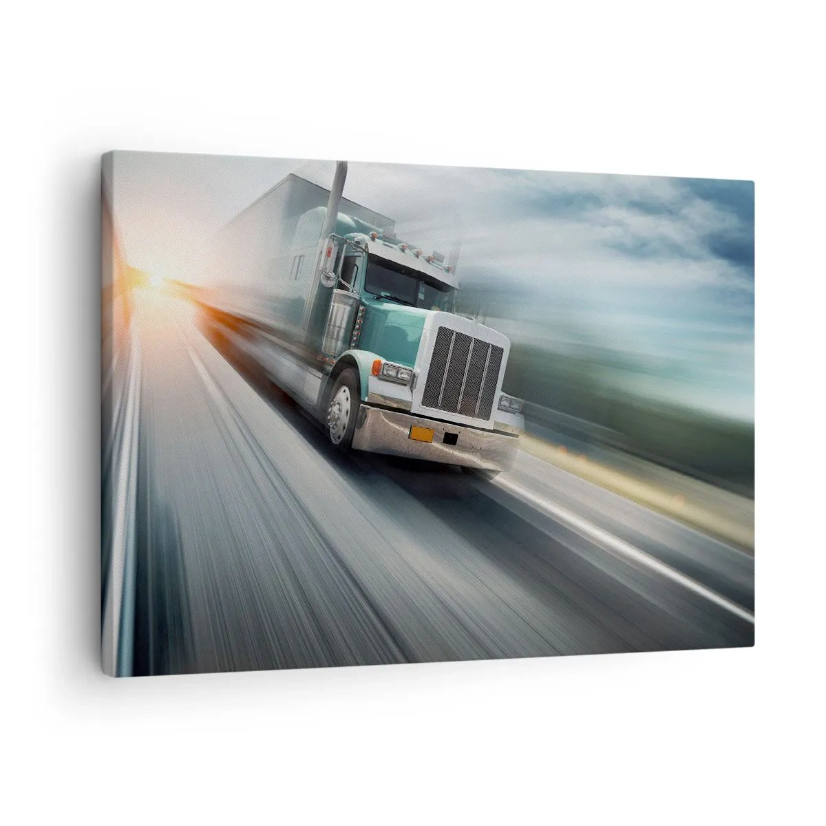 Obraz na plátně - Nákladní auto na dálnici v pohybu při západu slunce - 70x50cm - Americký obr v rychlosti - Moderní nástěnná dekorace do obývacího pokoje a ložnice ARTTOR