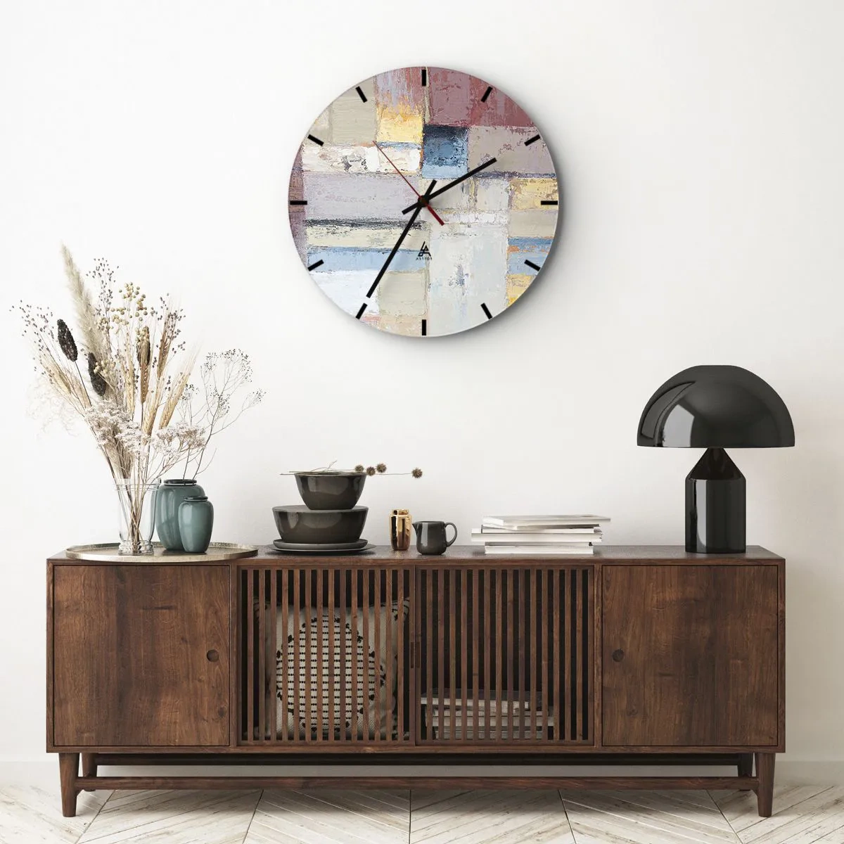Nástěnné hodiny - Abstraktní geometrické kompozice v pastelových barvách - 30x30cm - Klid geometrie - Moderní nástěnná dekorace do obývacího pokoje, kuchyně a ložnice ARTTOR