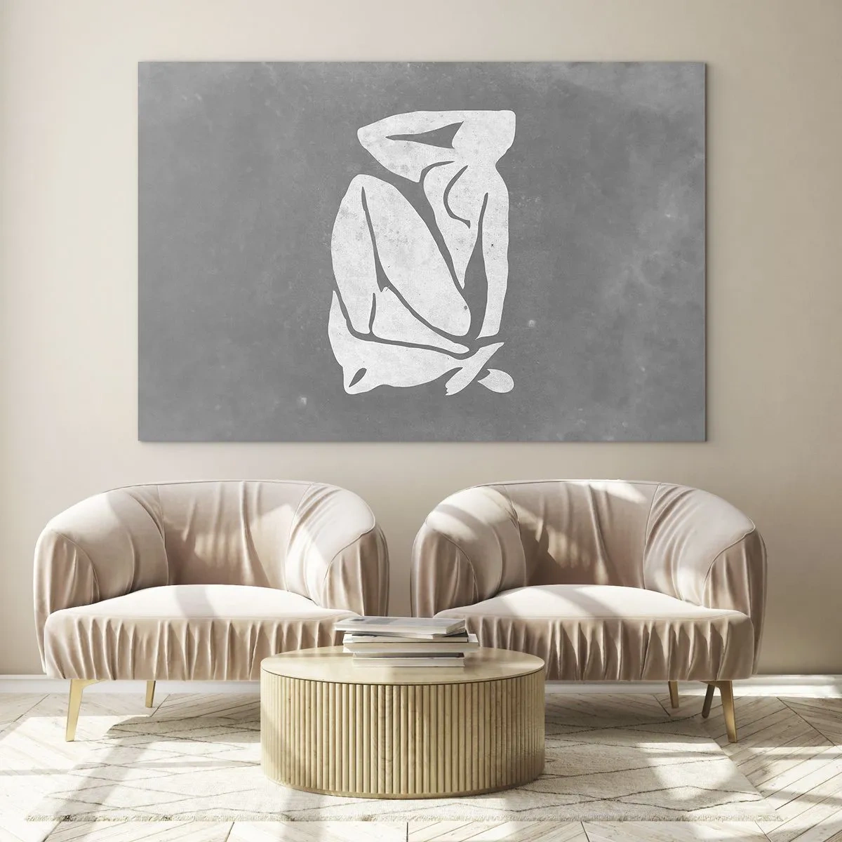 Obraz na skle - Minimalistická silueta ženy na šedém pozadí - 70x50cm - V zádumčivosti - Moderní nástěnná dekorace do obývacího pokoje a ložnice ARTTOR