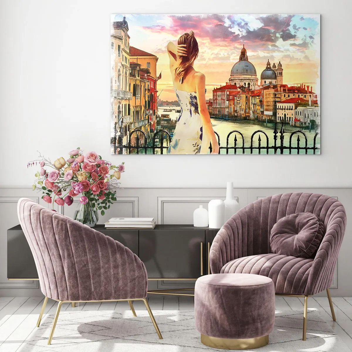 Obraz na skle - Žena obdivuje výhled na Benátky při západu slunce. - 70x50cm - Pokud dobrodružství, tak jenom v… - Moderní nástěnná dekorace do obývacího pokoje a ložnice ARTTOR