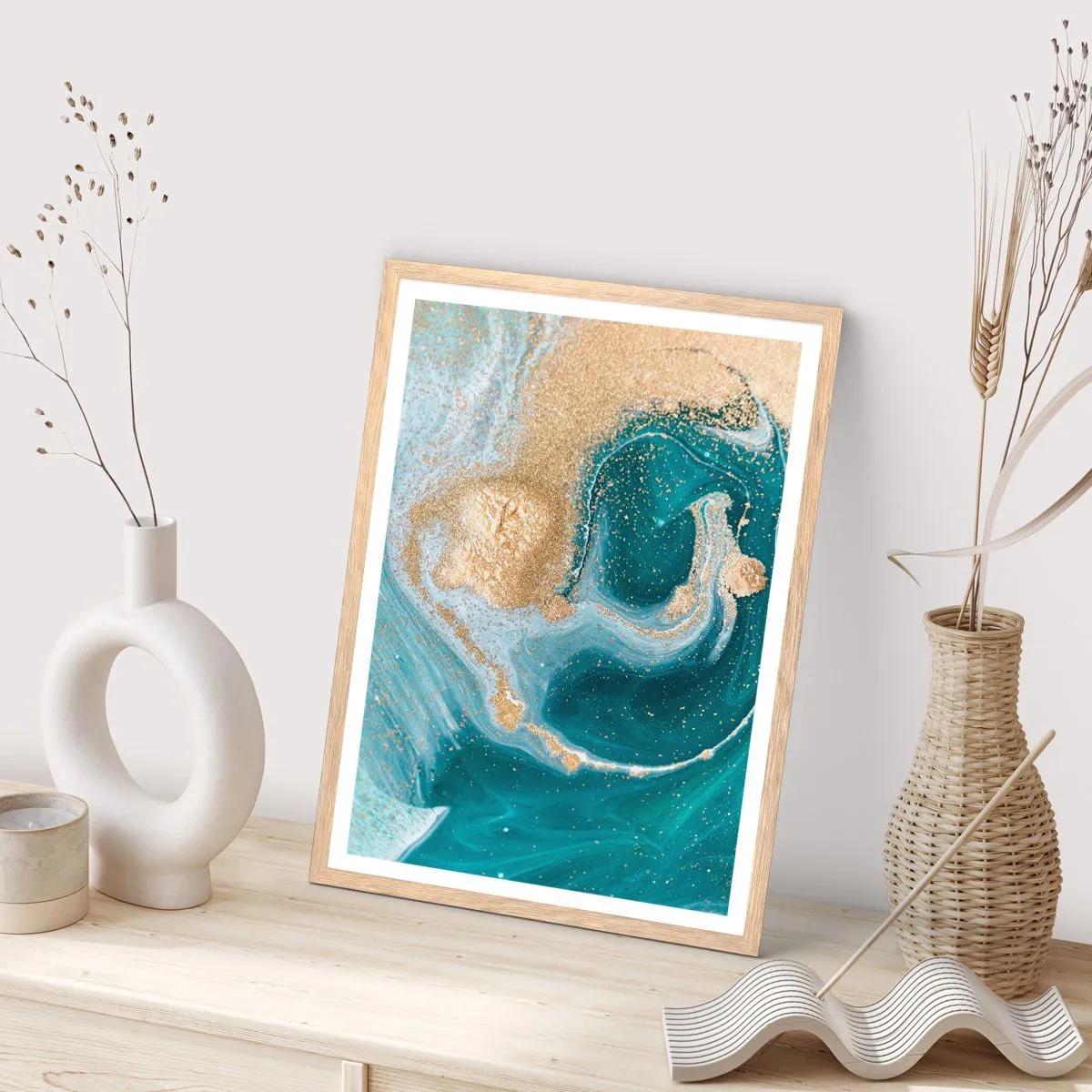 Plakát v rámu světlý dub - Vír zlaté a tyrkysové - 40x50 cm