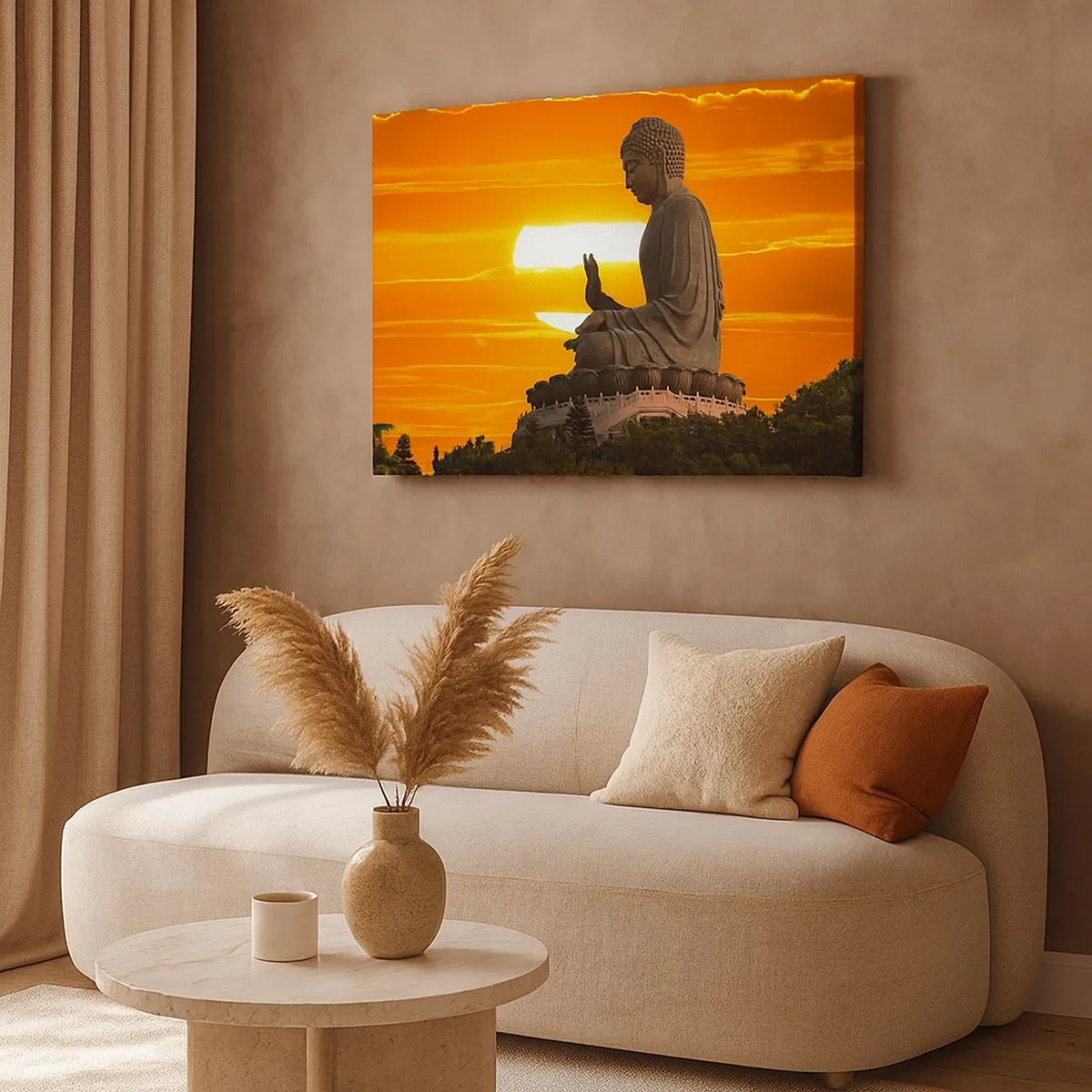 Obraz na plátně - Buddhistická socha na pozadí oranžového západu slunce - 70x50cm - Bez strachu ze světa - Moderní nástěnná dekorace do obývacího pokoje a ložnice ARTTOR
