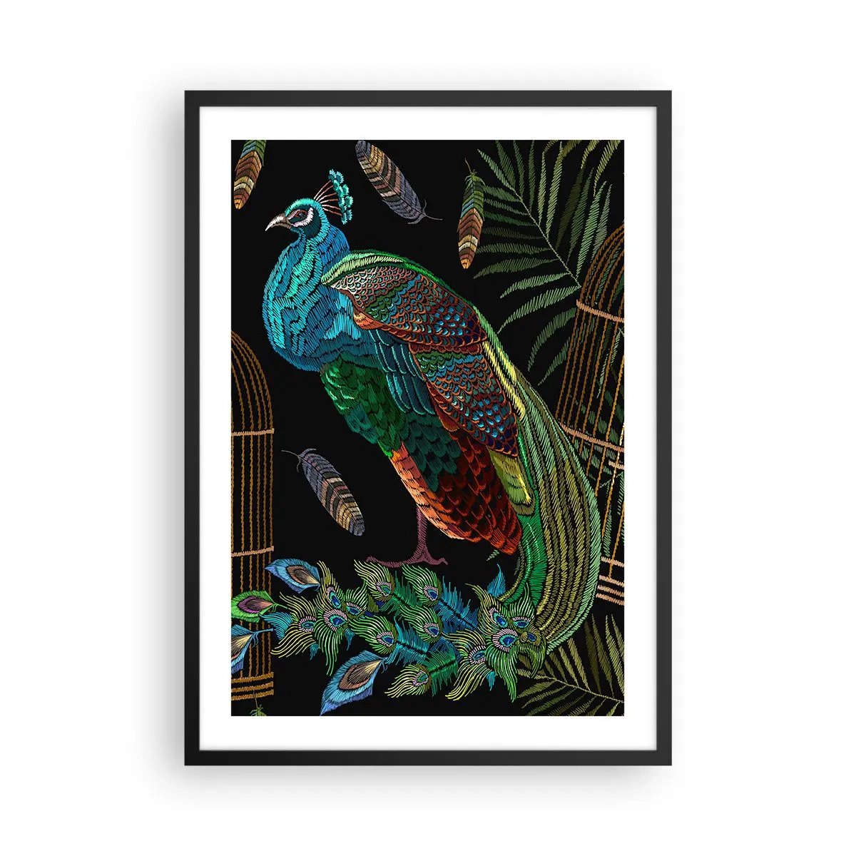 Plakát v černém rámu - Barevný páv na pozadí zlatých klecí a zelených listů. - 50x70cm - V královském rouchu - Moderní nástěnná dekorace do obývacího pokoje a ložnice ARTTOR