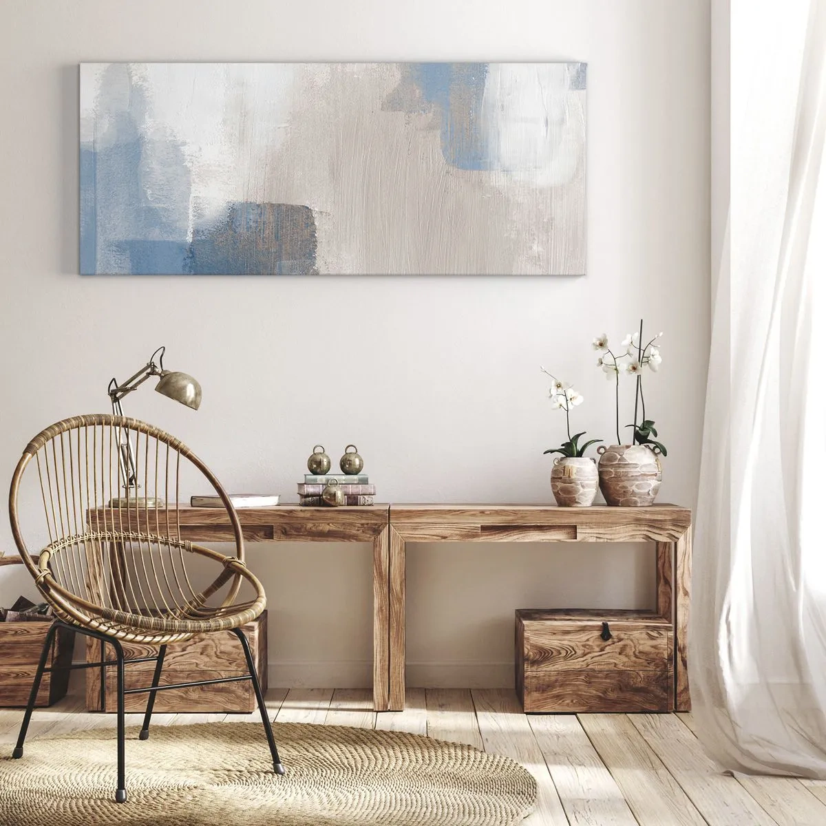 Obraz na plátně - Růžová abstrakce za modrým závojem - 120x50 cm