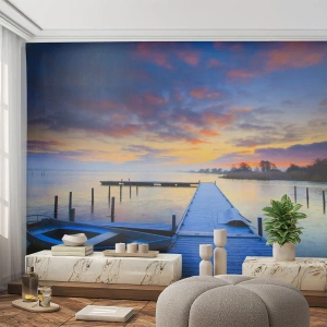 Fototapeta Samolepicí Deluxe Sticker - Fialovo-zlatý klid - Krajina, jezero, Loď - 100x70 cm