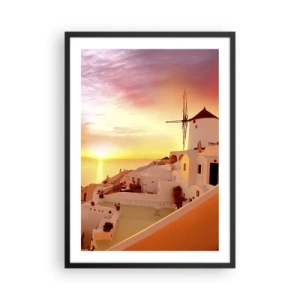 Plakát v černém rámu - Malebný západ slunce v řeckém městě - 50x70cm - Rozplynout se v bílé a zlaté - Moderní nástěnná dekorace do obývacího pokoje a ložnice ARTTOR