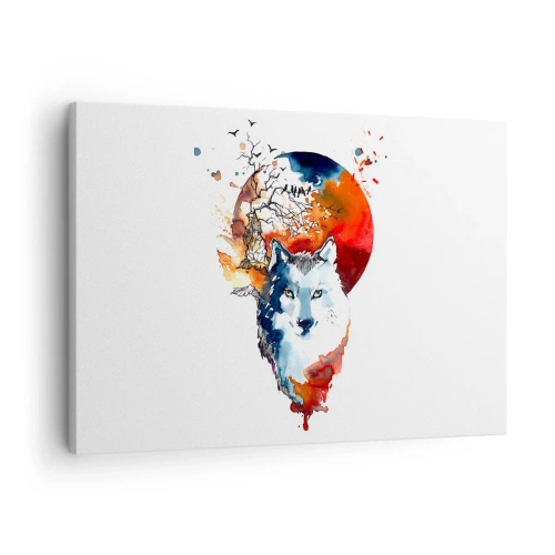 Obraz na plátně - Abstraktní akvarel vlka proti rudému měsíci - 70x50cm - Nosem na skle - Moderní nástěnná dekorace do obývacího pokoje a ložnice ARTTOR