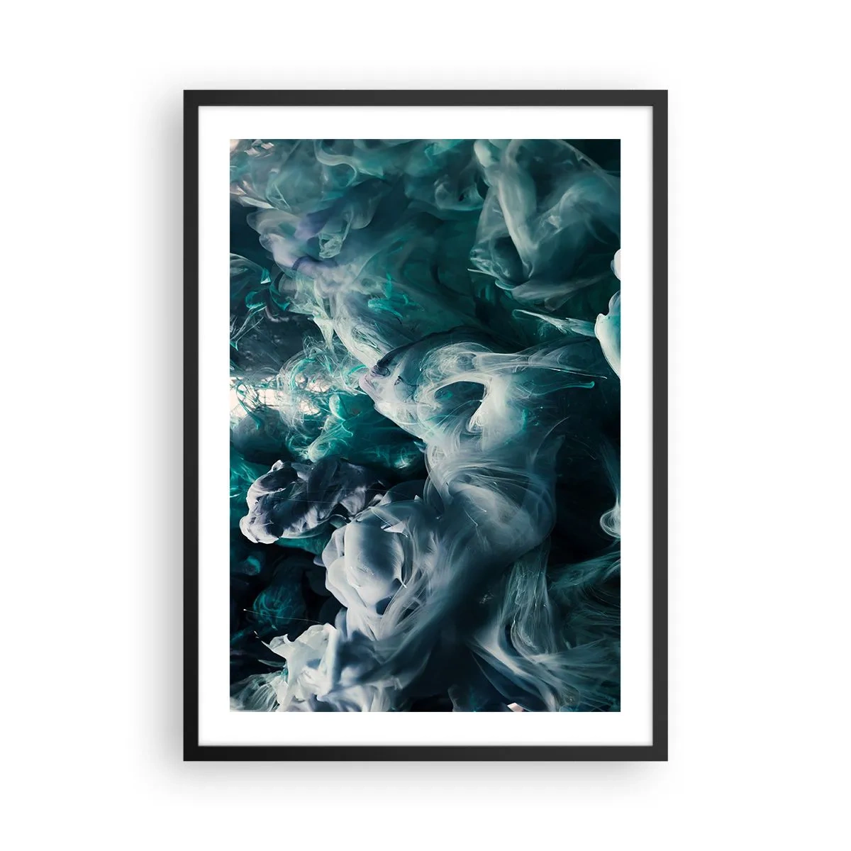 Plakát v černém rámu - Abstraktní kompozice vířících barev v odstínech zelené a modré. - 50x70cm - Pohyb barvy - Moderní nástěnná dekorace do obývacího pokoje a ložnice ARTTOR