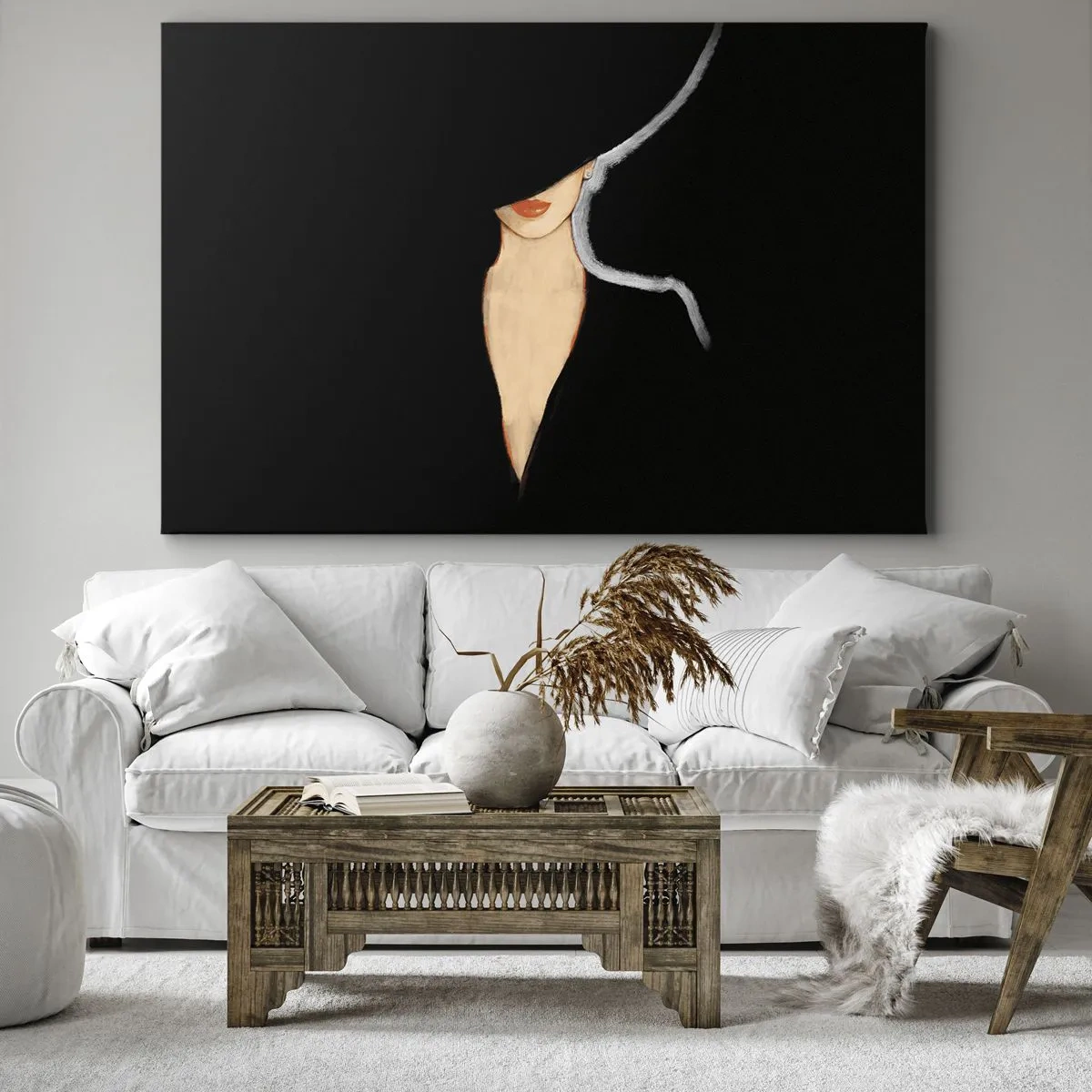 Obraz na plátně - Silueta ženy v klobouku na černém pozadí - 70x50cm - Elegance a styl - Moderní nástěnná dekorace do obývacího pokoje a ložnice ARTTOR