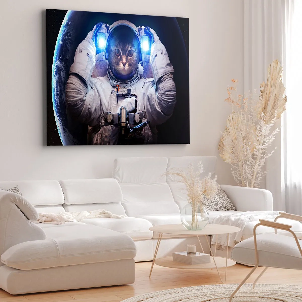 Obraz na plátně - Kočka v astronautském obleku se Zemí v pozadí a jasným světlem. - 70x50cm - Houston, máte problém - Moderní nástěnná dekorace do obývacího pokoje a ložnice ARTTOR