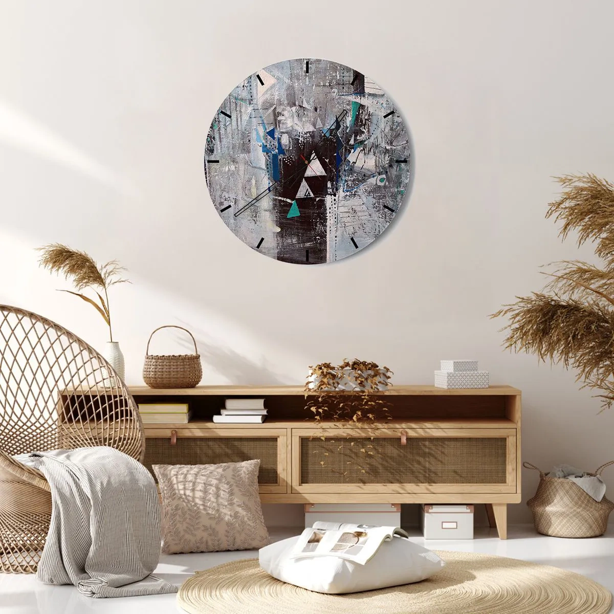 Nástěnné hodiny - Abstraktní obraz v odstínech šedé a modré - 30x30cm - Přednostní pořadí trojúhelníků - Moderní nástěnná dekorace do obývacího pokoje, kuchyně a ložnice ARTTOR