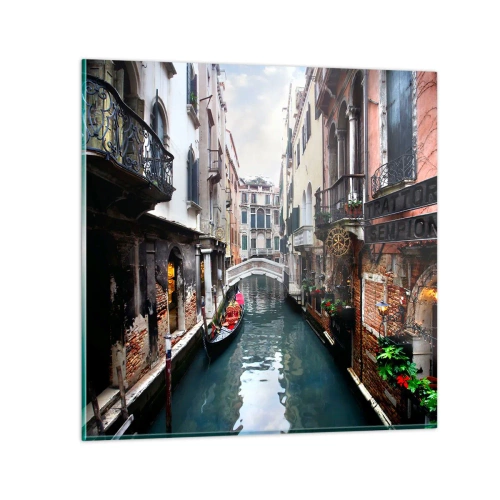 Obraz na skle - Benátská krajina s gondolou a můstkem - 30x30 cm