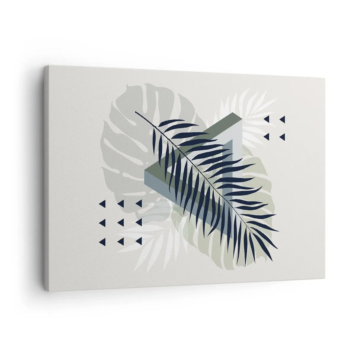 Obraz na plátně - Geometrická kompozice s tropickými listy v odstínech zelené - 70x50cm - Příroda a geometrie – dva řády? - Moderní nástěnná dekorace do obývacího pokoje a ložnice ARTTOR