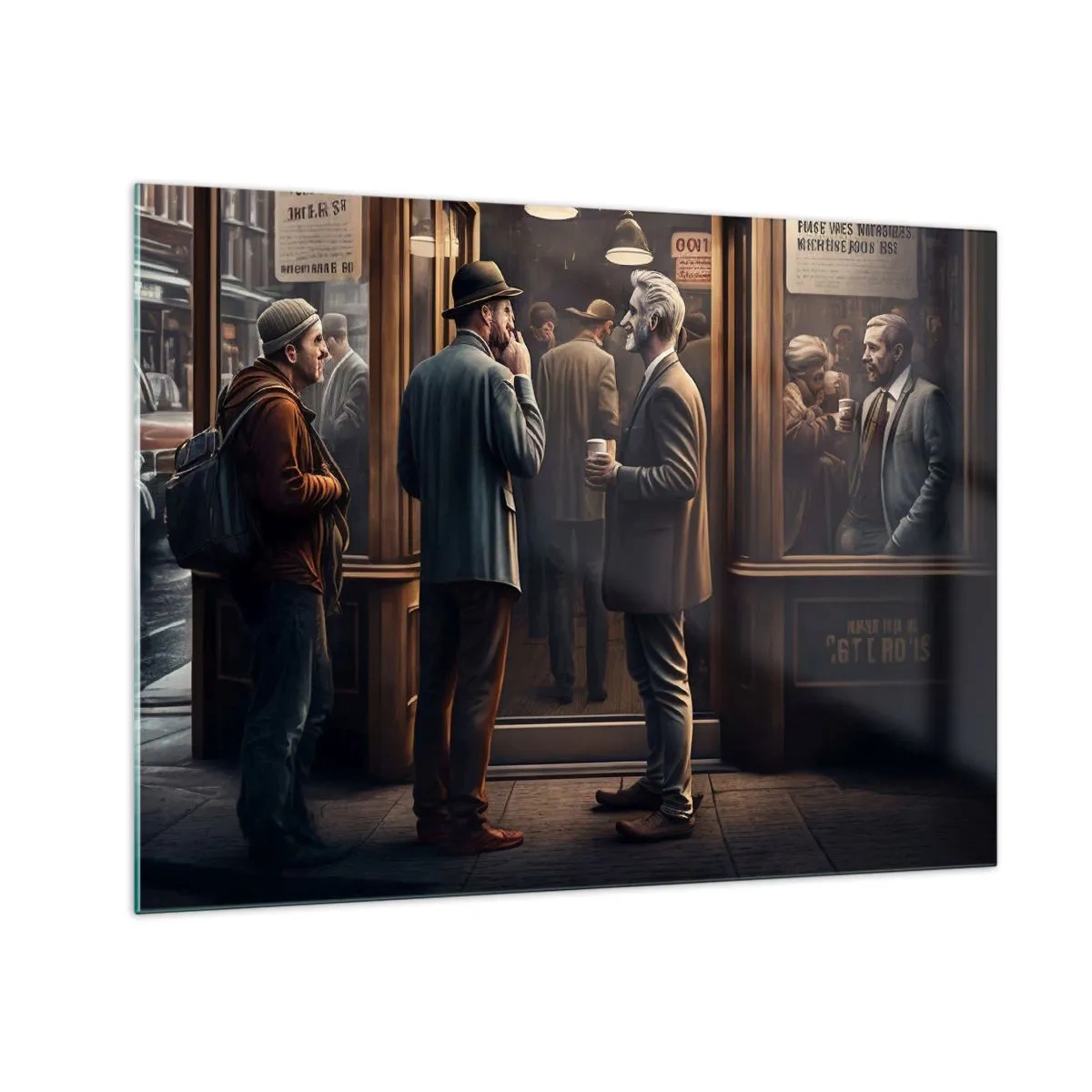 Obraz na skle - Muži si povídají před kavárnou v retro městském prostředí - 70x50cm - Dobrá chvíle dne - Moderní nástěnná dekorace do obývacího pokoje a ložnice ARTTOR