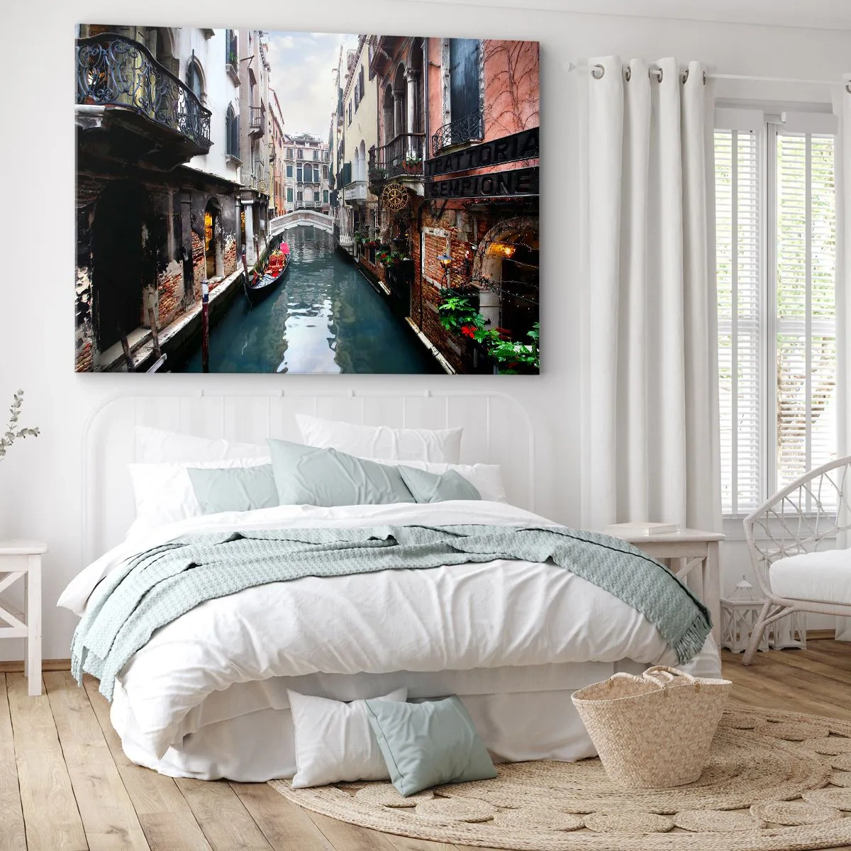 Obraz na plátně - Benátská krajina s gondolou a můstkem - 100x70 cm