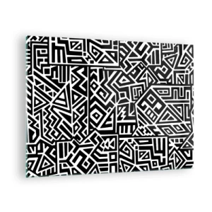 Obraz na skle - Černobílý vzor inspirovaný kmenovým uměním - 70x50cm - Předkolumbovská kompozice - Moderní nástěnná dekorace do obývacího pokoje a ložnice ARTTOR