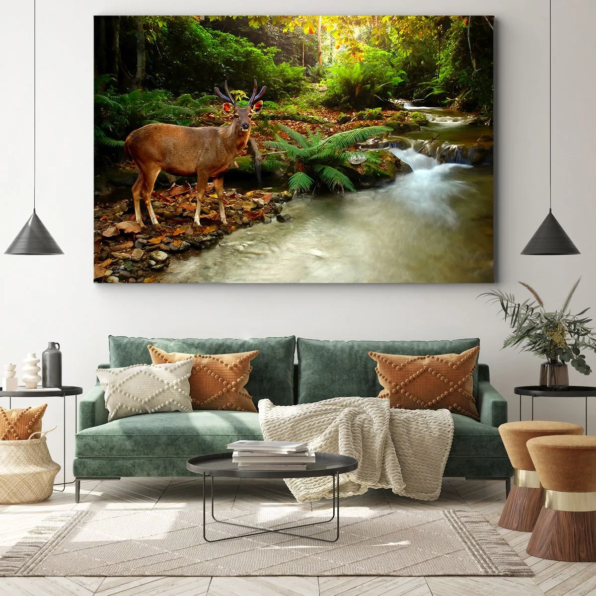Obraz na plátně - Jelen u potoka obklopeného zelení v lese - 70x50cm - Vítám v mém světě - Moderní nástěnná dekorace do obývacího pokoje a ložnice ARTTOR