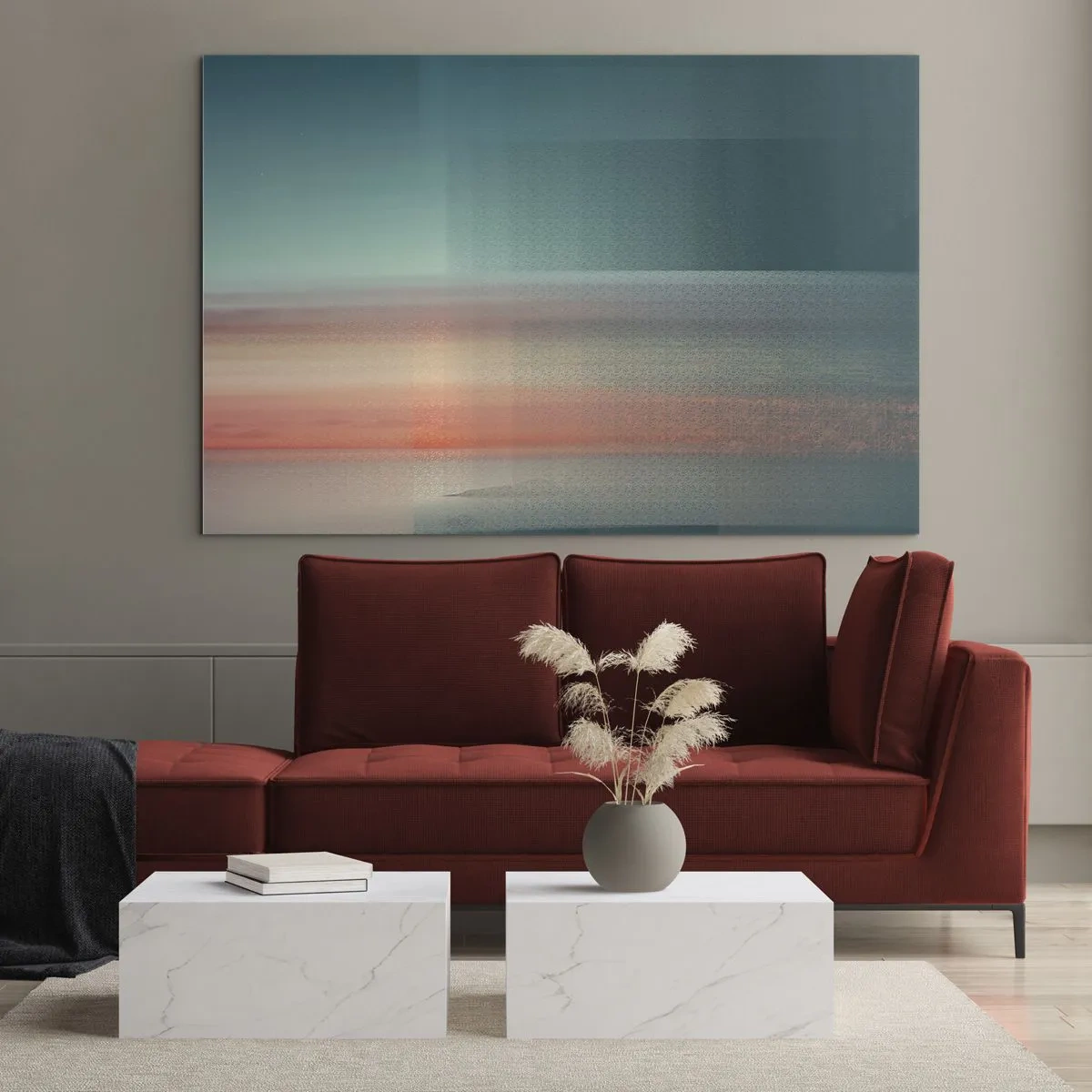 Obraz na skle - Pastelová abstrakce připomínající světelné vlny při západu slunce. - 70x50cm - Abstrakce: vlny světla - Moderní nástěnná dekorace do obývacího pokoje a ložnice ARTTOR