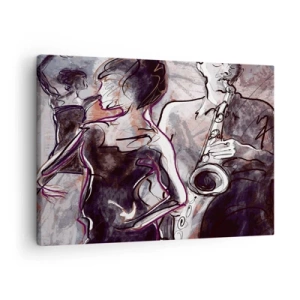 Obraz na plátně - Abstraktní jazzová scéna se saxofonistou a tančící ženou. - 70x50cm - Rozplynout se v hudbě - Moderní nástěnná dekorace do obývacího pokoje a ložnice ARTTOR