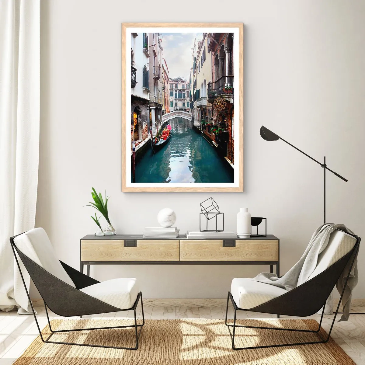 Plakát v rámu světlý dub - Benátská krajina s gondolou a můstkem - 30x40 cm