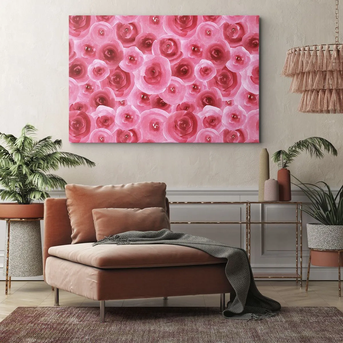 Obraz na plátně - Jemné růže v pastelových odstínech růžové - 70x50cm - Růže dole i nahoře - Moderní nástěnná dekorace do obývacího pokoje a ložnice ARTTOR