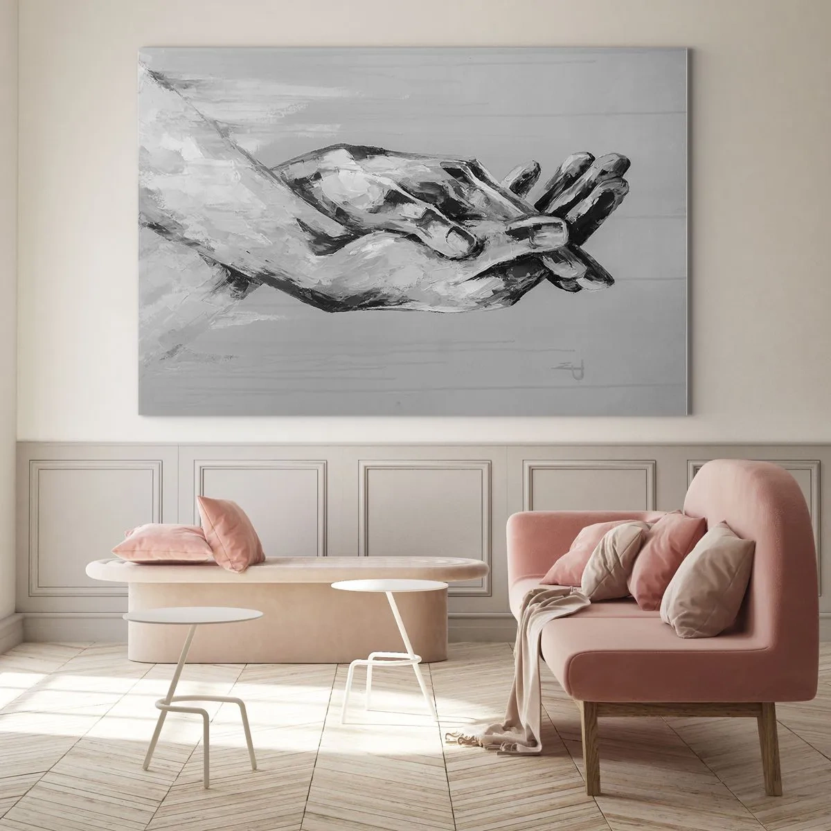 Obraz na skle - Černobílý obraz dvou rukou, které se k sobě natahují - 70x50cm - Začátek… - Moderní nástěnná dekorace do obývacího pokoje a ložnice ARTTOR