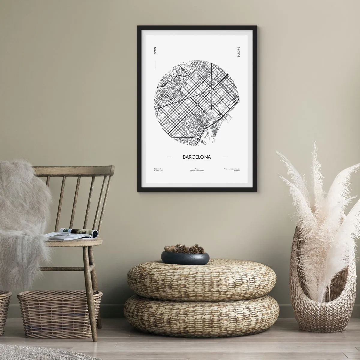 Plakát v černém rámu - Minimalistická mapa Barcelony v černé a bílé barvě. - 50x70cm - Anatomie Barcelony - Moderní nástěnná dekorace do obývacího pokoje a ložnice ARTTOR