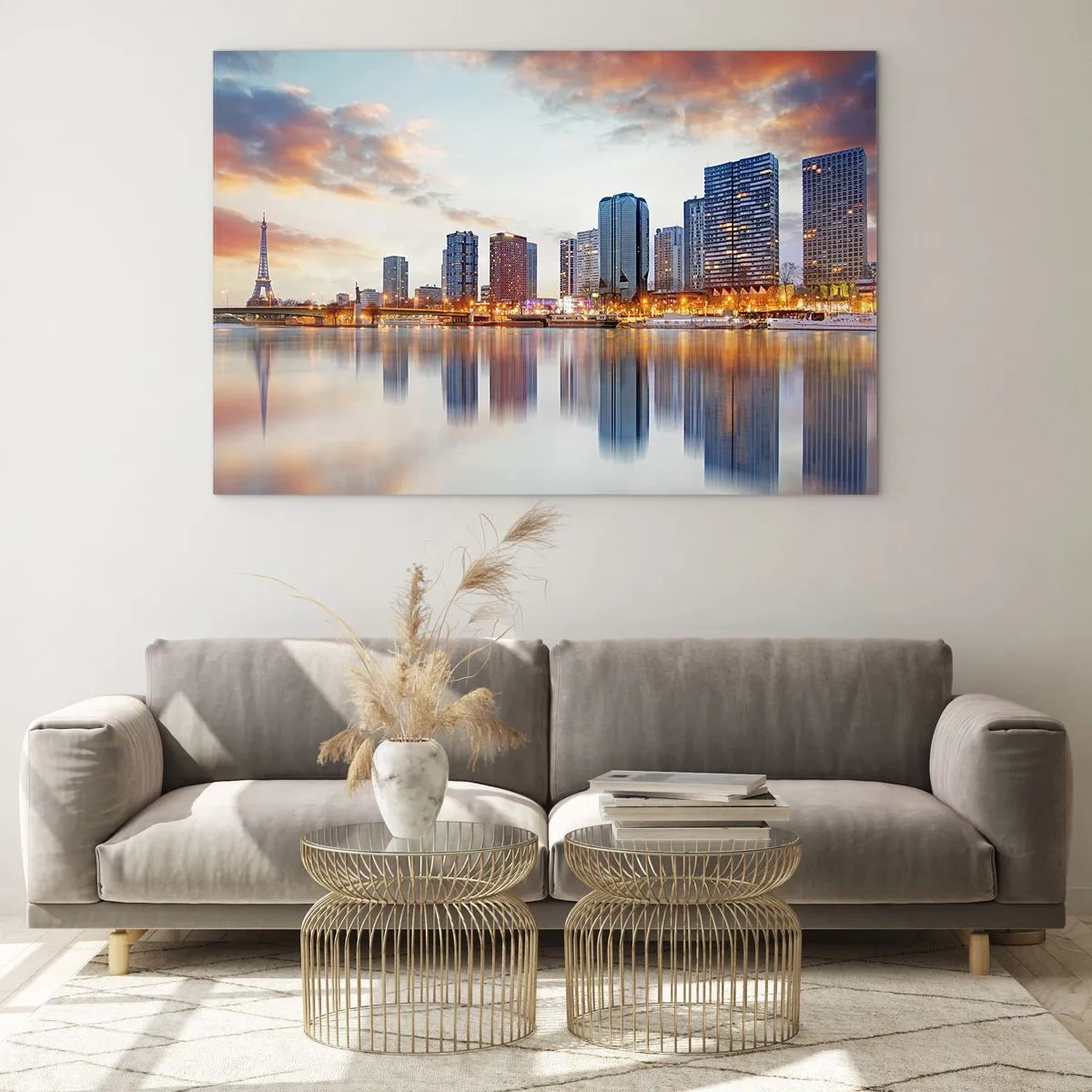 Obraz na skle - Panorama Paříže s Eiffelovou věží a moderními budovami za soumraku - 70x50cm - Monumentální klid Paříže - Moderní nástěnná dekorace do obývacího pokoje a ložnice ARTTOR