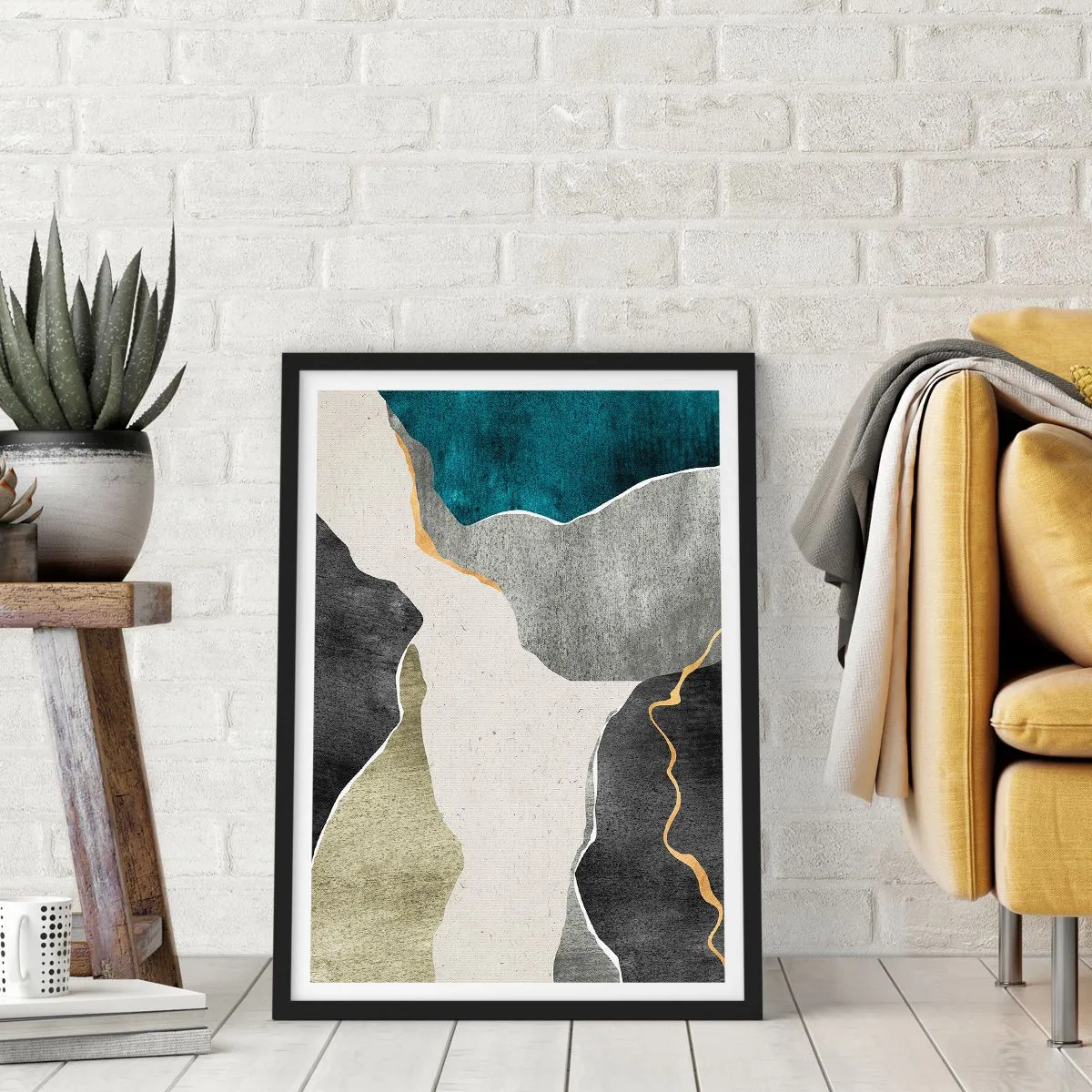Plakát v černém rámu - Abstraktní kompozice s geometrickými tvary - 50x70cm - Mozaiková kompozice se zlatou nití - Moderní nástěnná dekorace do obývacího pokoje a ložnice ARTTOR