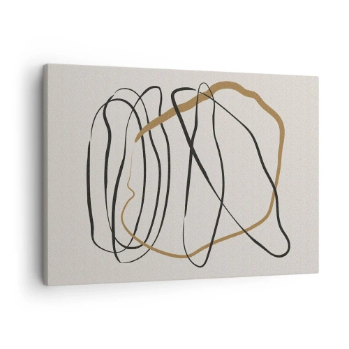 Obraz na plátně - Umělecké linie v černé a zlaté barvě na světlém pozadí - 70x50cm - Kompozice – tanec ve smyčce - Moderní nástěnná dekorace do obývacího pokoje a ložnice ARTTOR