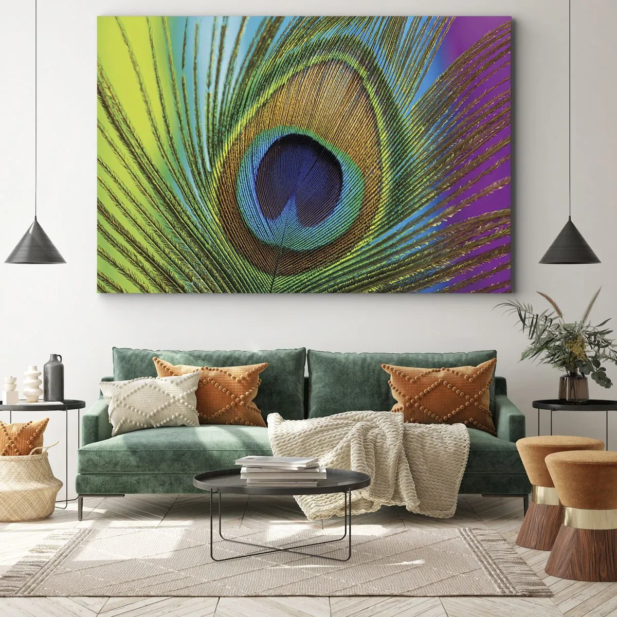 Obraz na plátně - Detail pavího pera s živými barvami - 70x50cm - Tváří v tvář - Moderní nástěnná dekorace do obývacího pokoje a ložnice ARTTOR