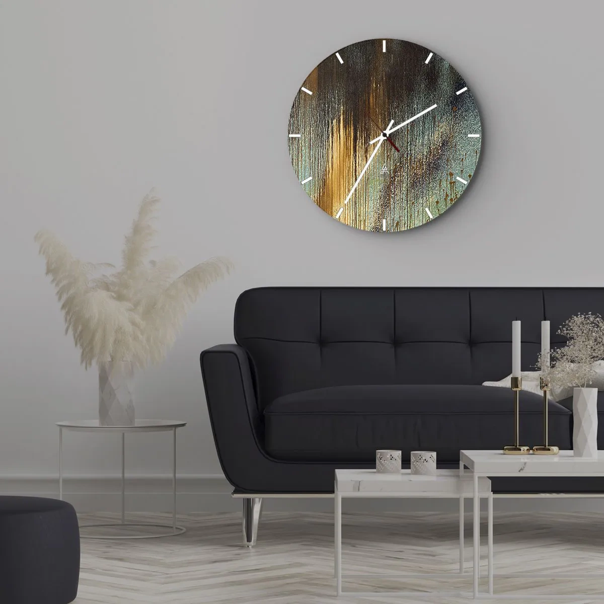 Nástěnné hodiny - Abstraktní pruhy barvy ve zlaté, modré a černé barvě - 30x30cm - Nenáhodná barevná kompozice - Moderní nástěnná dekorace do obývacího pokoje, kuchyně a ložnice ARTTOR