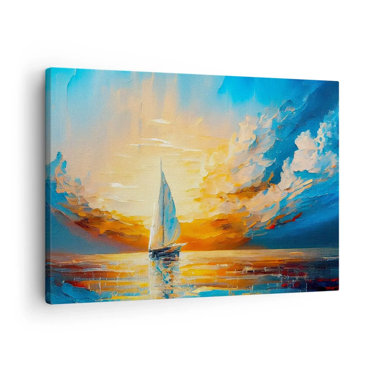 Obraz na plátně - Plachetnice na pozadí zapadajícího slunce a barevných mraků - 70x50cm - Plavba ve zlatě - Moderní nástěnná dekorace do obývacího pokoje a ložnice ARTTOR