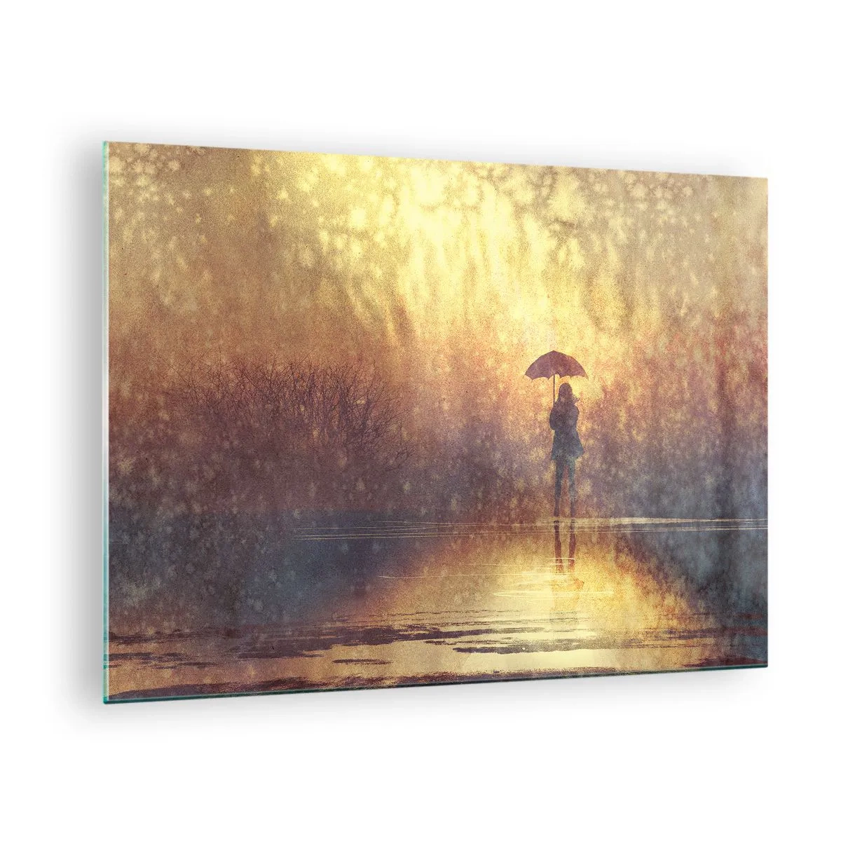 Obraz na skle - Postava s deštníkem ve světle zapadajícího slunce a deště - 70x50cm - Cítím, že se na mě někdo dívá - Moderní nástěnná dekorace do obývacího pokoje a ložnice ARTTOR