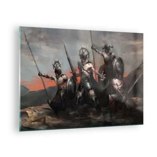 Obraz na skle - Válečníci s kopími a štíty proti rudé obloze - 70x50cm - Se štítem nebo na štítu - Moderní nástěnná dekorace do obývacího pokoje a ložnice ARTTOR