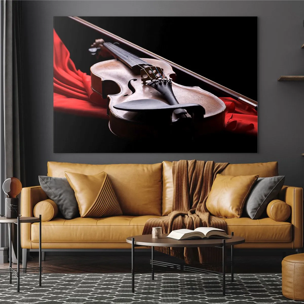 Obraz na skle - Housle na červené látce na černém pozadí - 70x50cm - Hudba pocitů - Moderní nástěnná dekorace do obývacího pokoje a ložnice ARTTOR