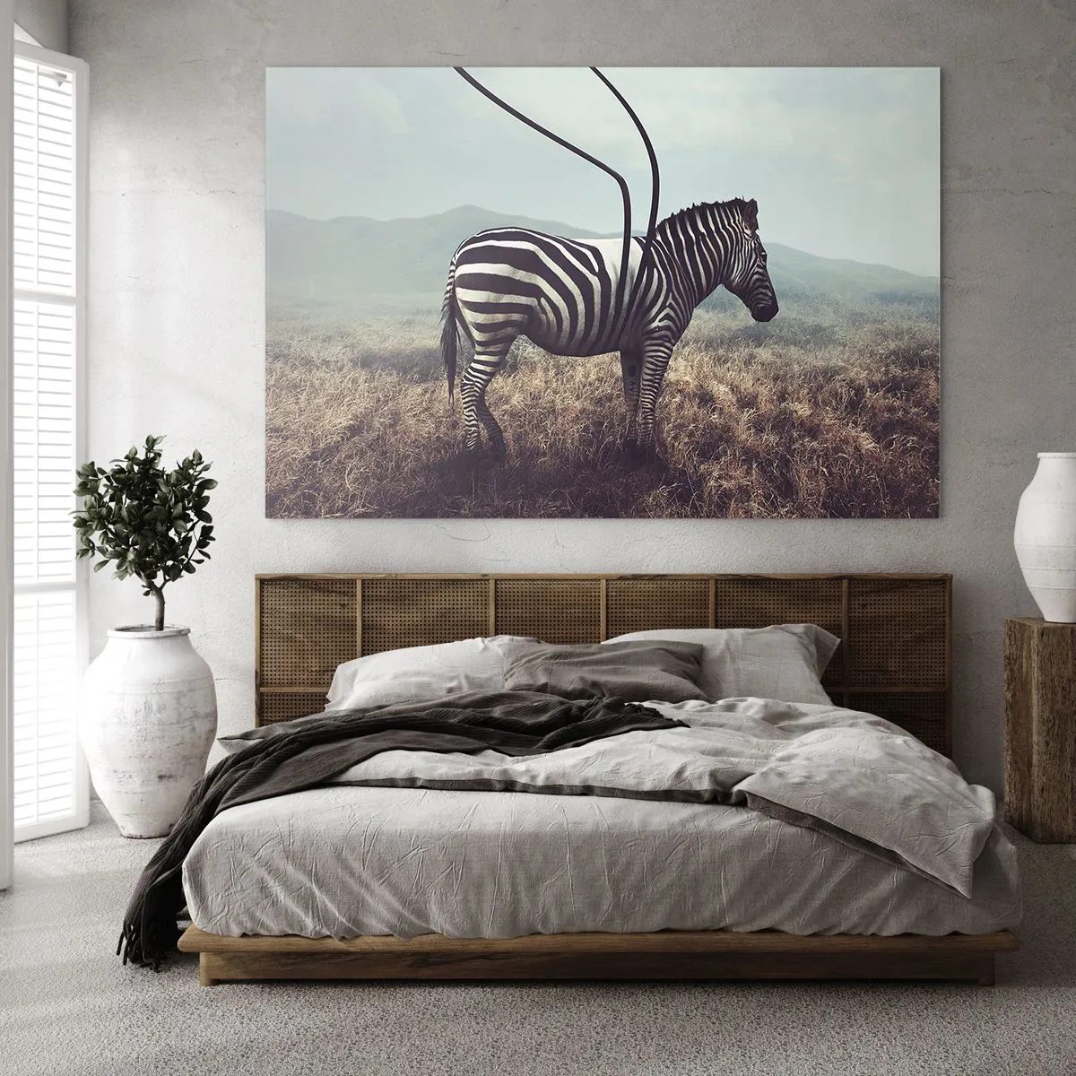 Obraz na skle - Zebra na trávě pozadí s detaily surrealistické antény - 70x50cm - Pozor! Porucha - Moderní nástěnná dekorace do obývacího pokoje a ložnice ARTTOR