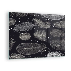 Obraz na skle - Bílé peří na černém pozadí s jemnými detaily - 70x50cm - Krajka s peřím - Moderní nástěnná dekorace do obývacího pokoje a ložnice ARTTOR