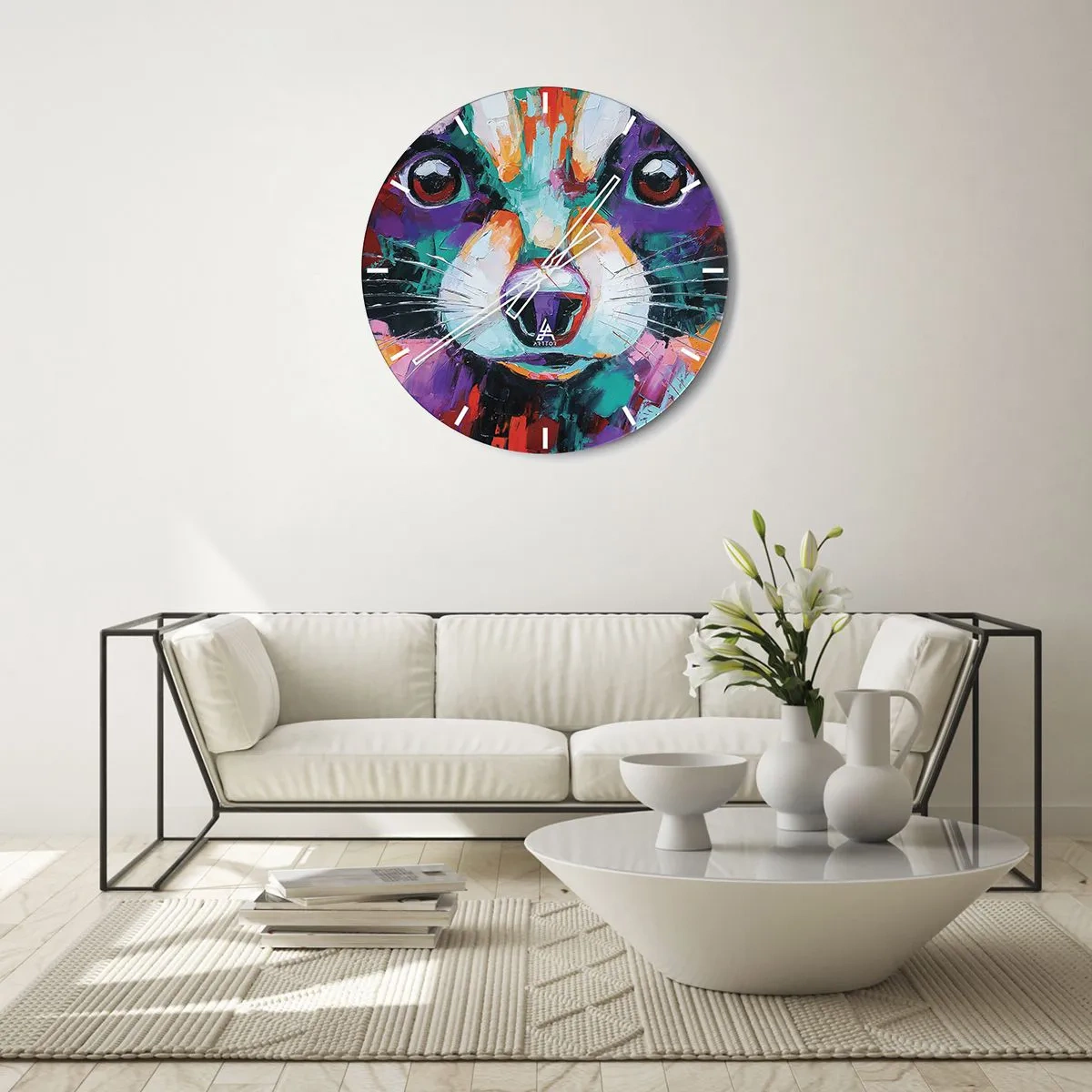 Nástěnné hodiny - Barevný portrét kočky v malířském stylu na bílém pozadí - 30x30cm - Pouze dobré emoce - Moderní nástěnná dekorace do obývacího pokoje, kuchyně a ložnice ARTTOR