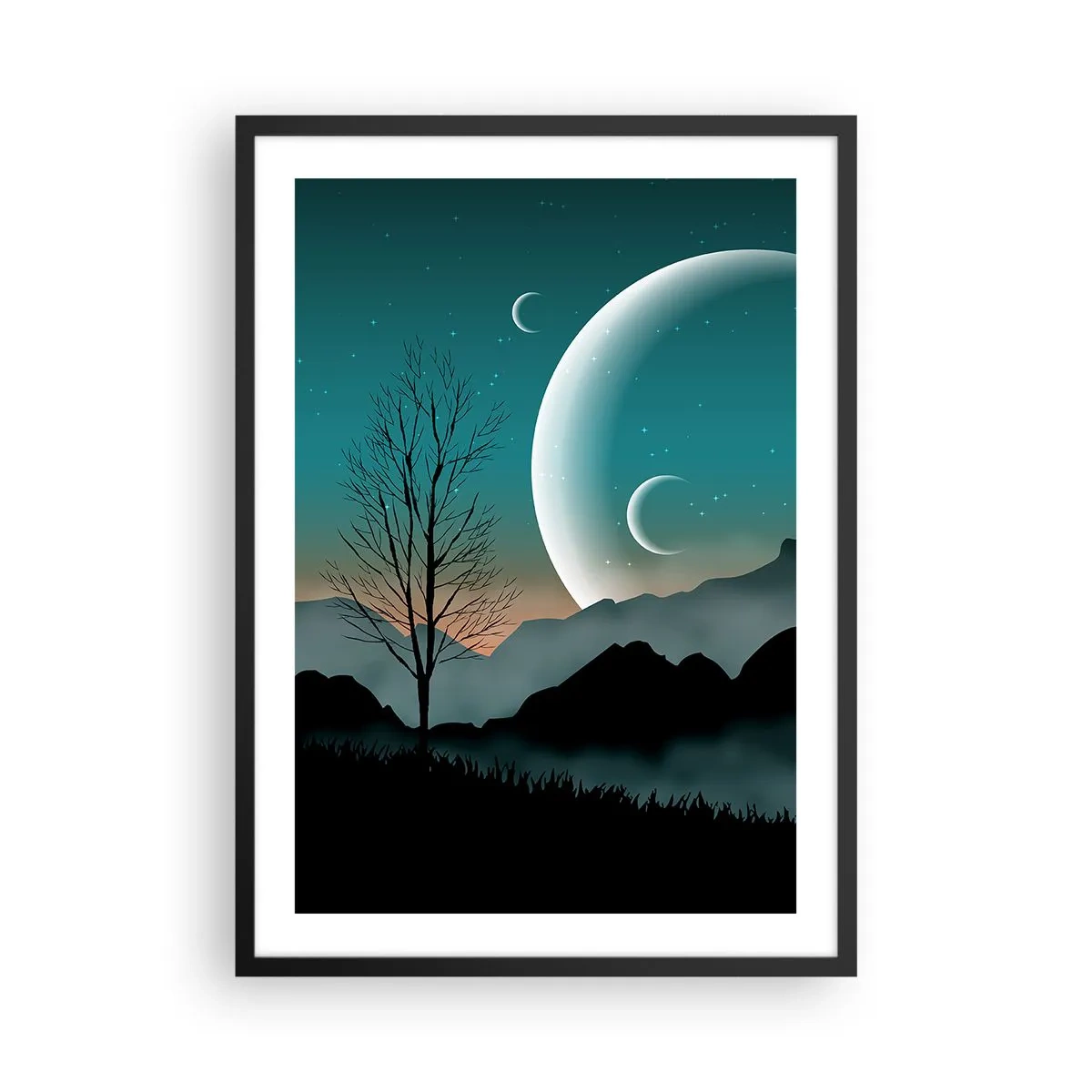 Plakát v černém rámu - Umělecká krajina s měsícem na pozadí hor a stromů - 50x70cm - Karneval hvězdné noci - Moderní nástěnná dekorace do obývacího pokoje a ložnice ARTTOR