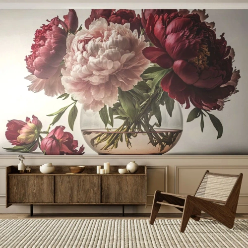 Fototapeta Premium Sand - V plném rozkvětu krásy - Kytice květin, Váza, Pivoňky - 500x350 cm