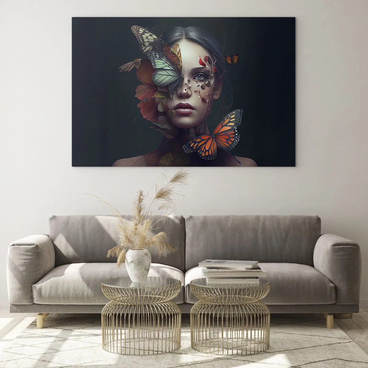 Obraz na skle - Ženská tvář s motýly a listy v umělecké kompozici - 70x50cm - Nádherná metamorfóza - Moderní nástěnná dekorace do obývacího pokoje a ložnice ARTTOR