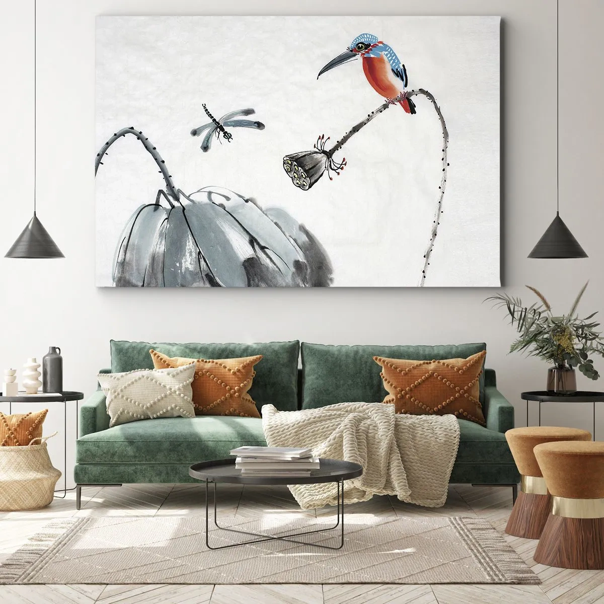 Obraz na plátně - Barevný pták na pozadí vegetace a vážky - 70x50cm - Život louky - Moderní nástěnná dekorace do obývacího pokoje a ložnice ARTTOR