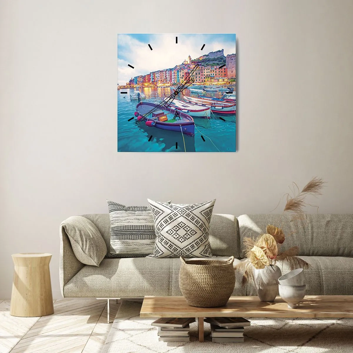 Nástěnné hodiny - Barevný večer v přístavu - 40x40 cm