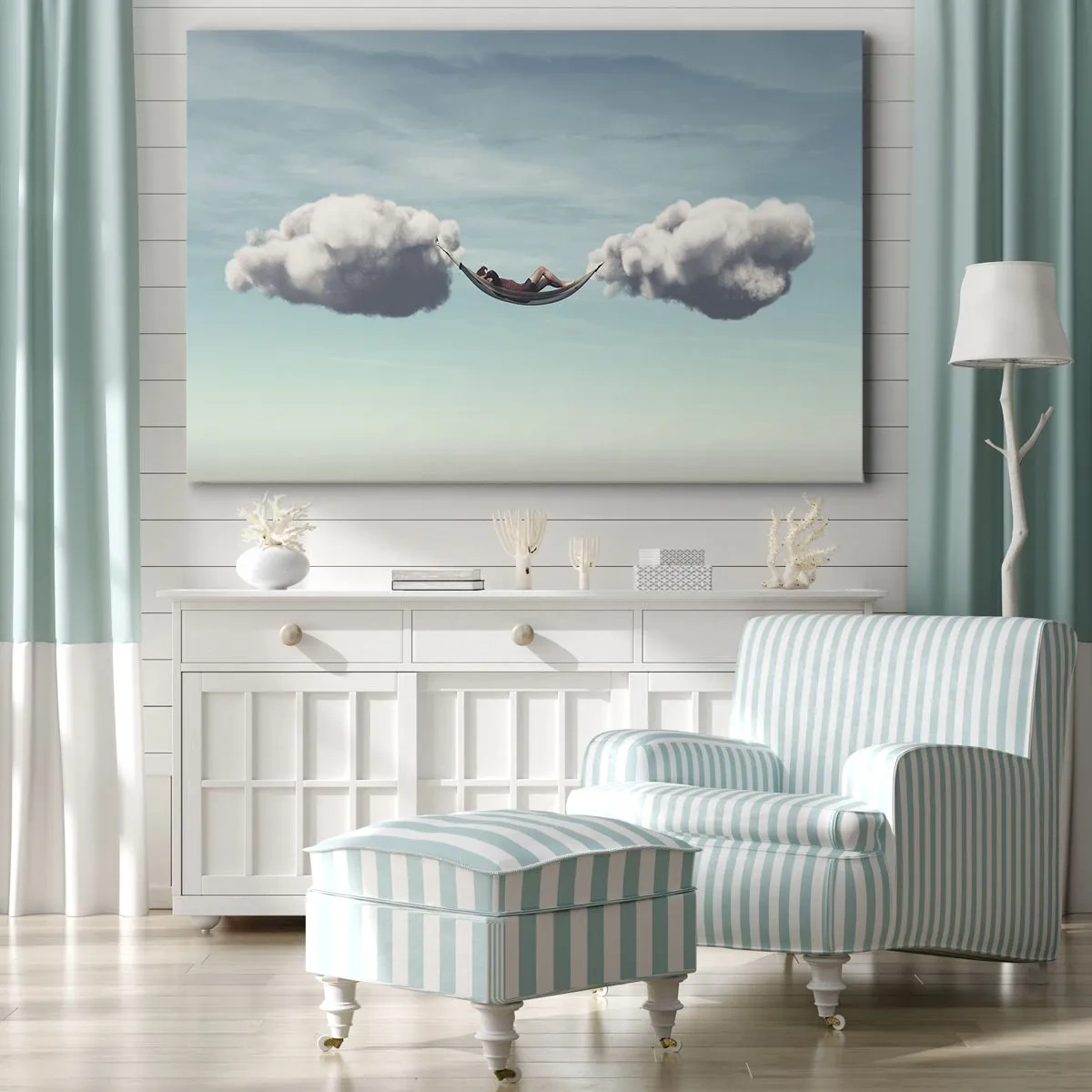 Obraz na plátně - Osoba relaxující v houpací síti zavěšené v oblacích - 70x50cm - Blaženost okamžiku - Moderní nástěnná dekorace do obývacího pokoje a ložnice ARTTOR